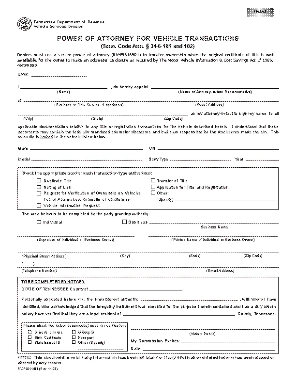 Tennessee Motor Vehicle Power Of Attorney Form Rv F1311401