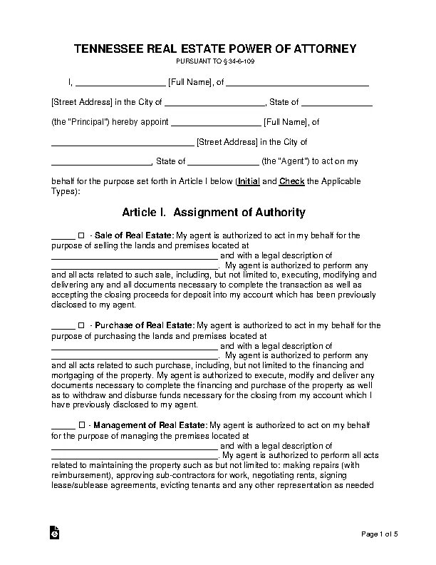 tennessee real estate power of attorney form PDFSimpli