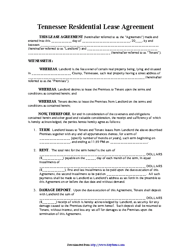 Tennessee Residential Lease Agreement Form - PDFSimpli