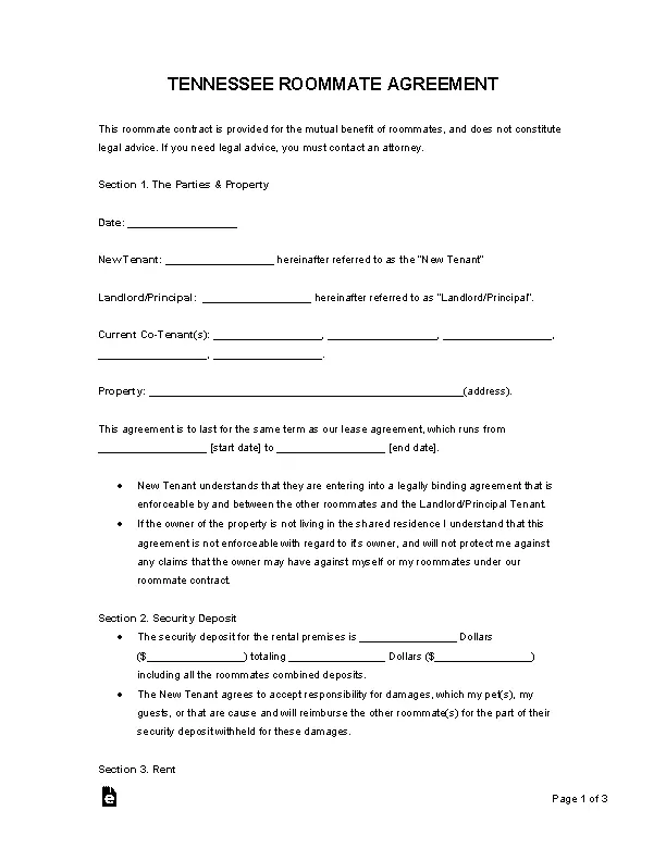 Tennessee Roommate Agreement Form