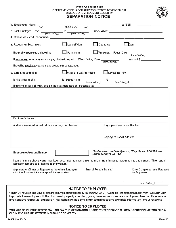 Tennessee Separation Notice Template