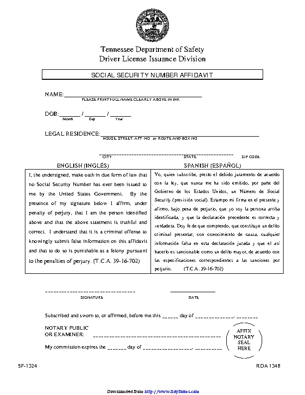 Tennessee Social Security Number Affidavit Form PDFSimpli