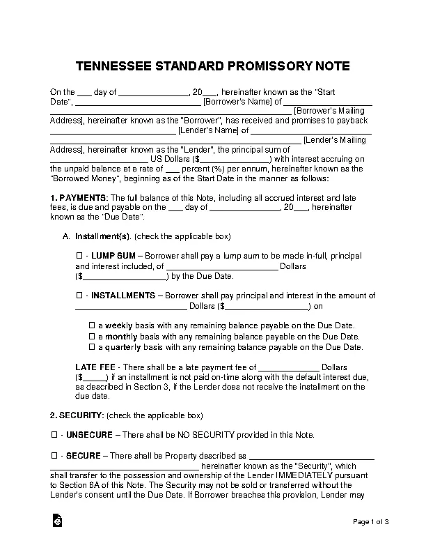 Tennessee Standard Promissory Note Template