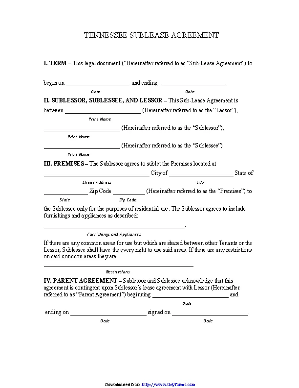 Tennessee Sublease Agreement Form