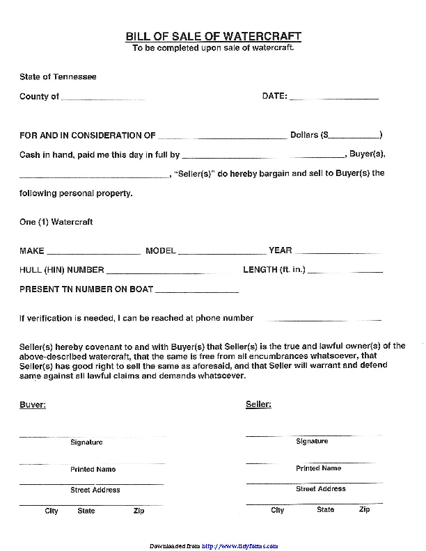 Tennessee Watercraft Bill Of Sale Form
