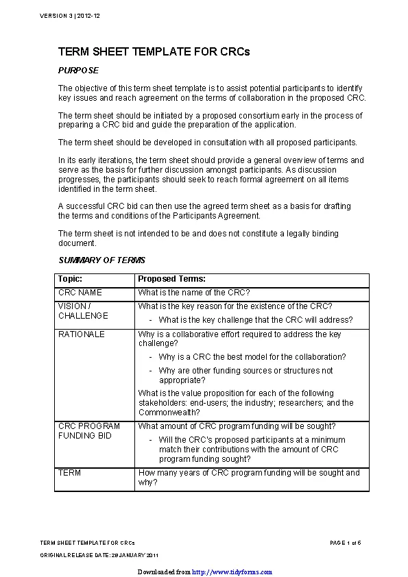 term sheet template PDF