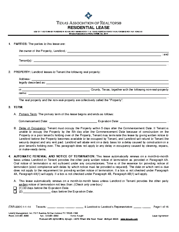 Texas Association Of Realtor Lease Agreement Form