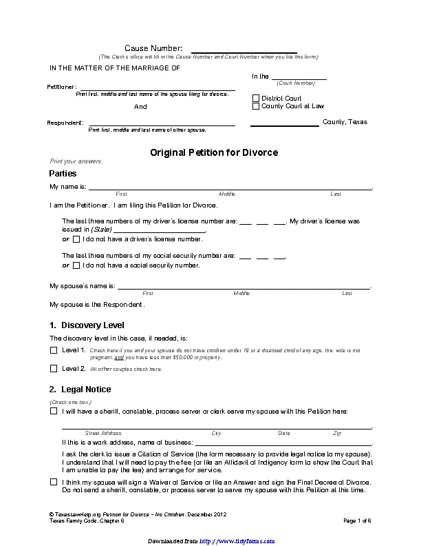 Texas Divorce Petition Form 2 Without Children