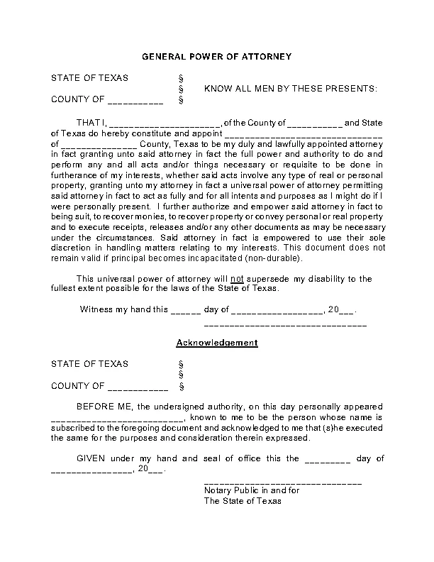 Texas General Power Of Attorney Form