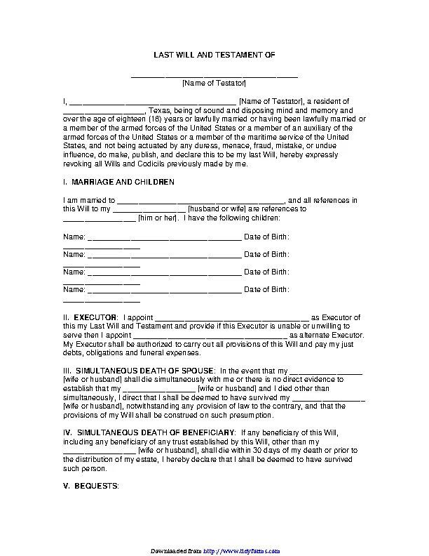 Texas Last Will And Testament Form PDFSimpli