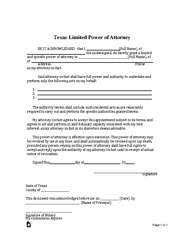 texas limited power of attorney - PDFSimpli