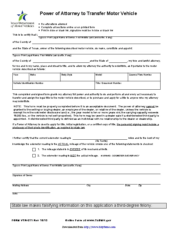 Texas Power Of Attorney To Transfer A Motor Vehicle Form - PDFSimpli