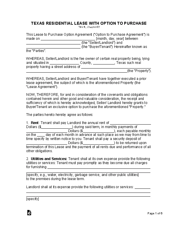 Texas Residential Lease Agreement Option To Purchase