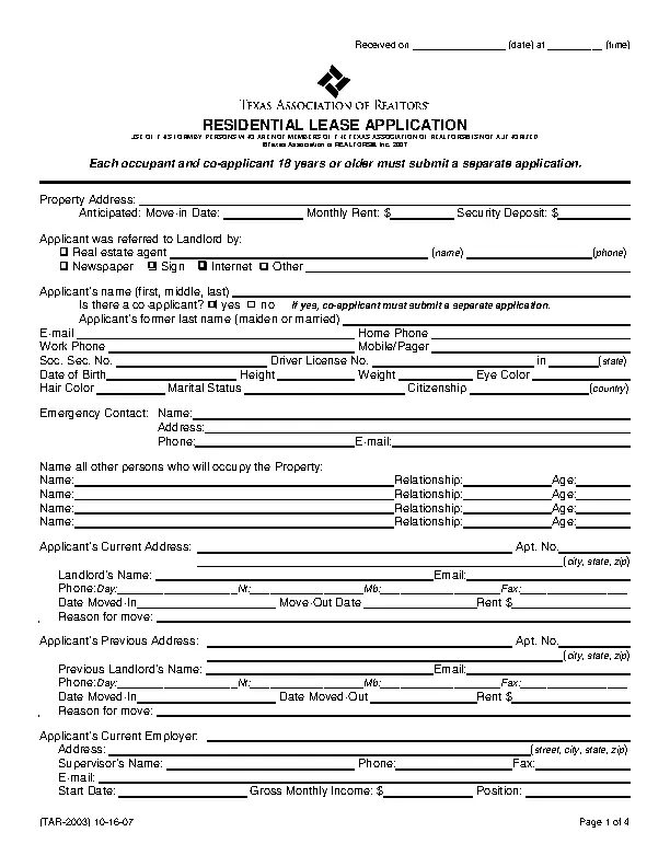 Texas Residential Lease Application Form Pdfsimpli 5445