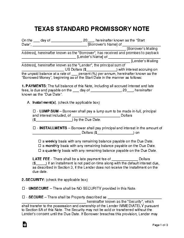 Texas Standard Promissory Note Template