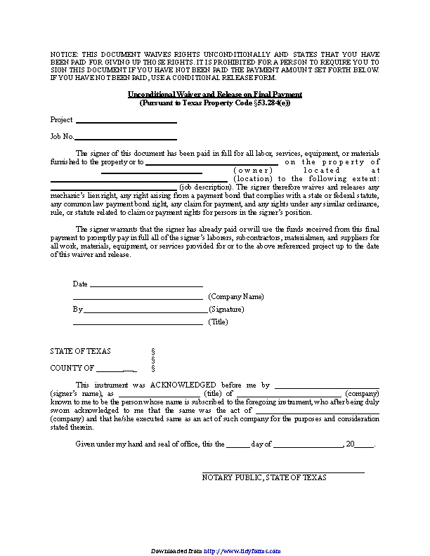 Texas Unconditional Lien Waiver And Release On Final Payment