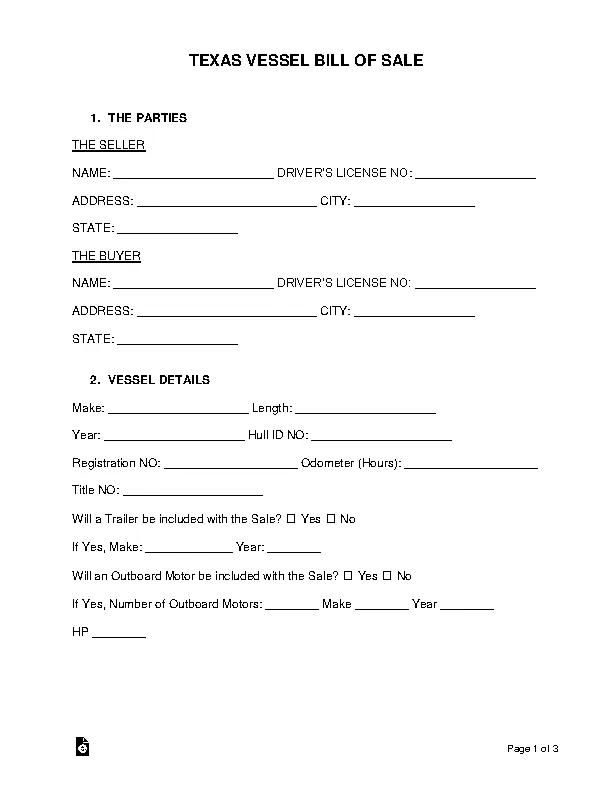 Texas Vessel Bill Of Sale