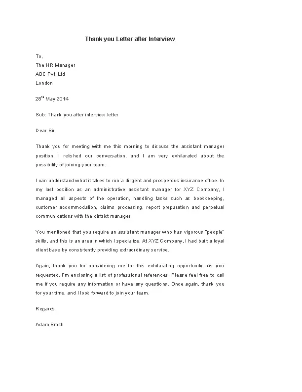 Thank You Letter Template After Interview