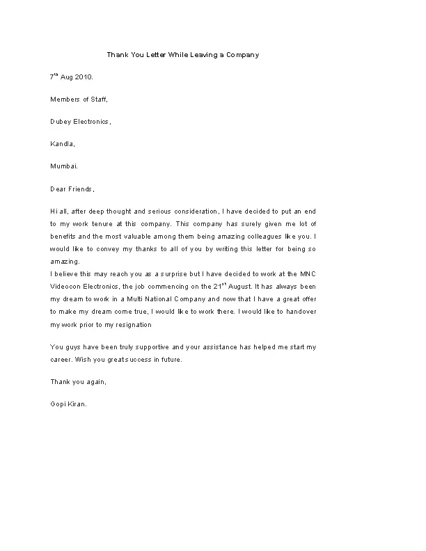 Thank You Letter Template While Leaving A Company