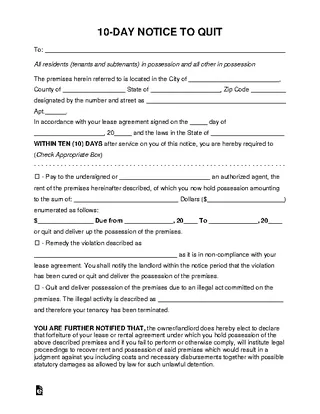 10 Day Eviction Notice To Quit Form