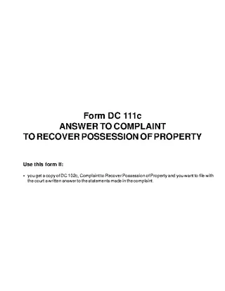Forms Answer To Complaint To Recover Possession Of Property Dc111C