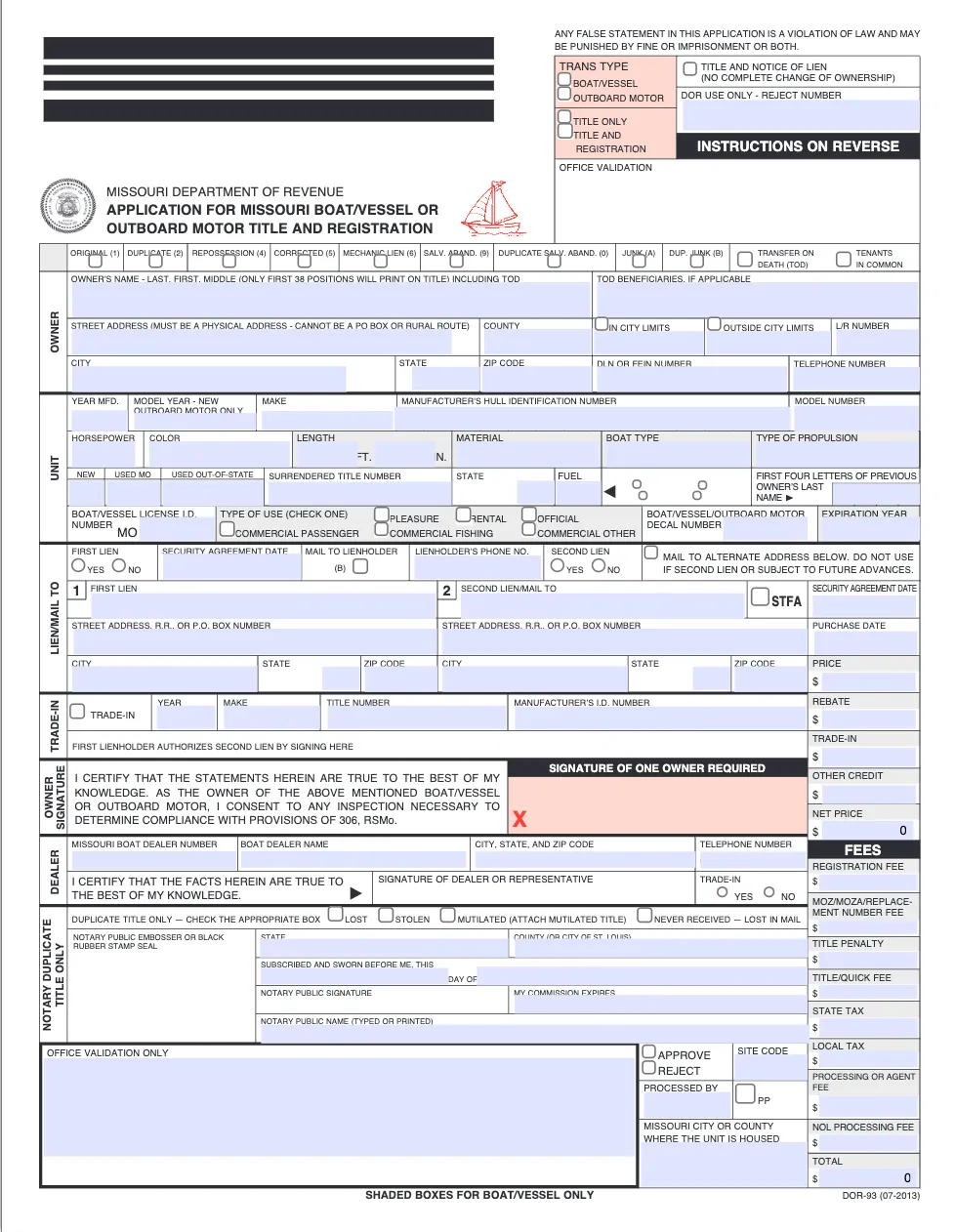 Application For Missouri Boatvessel Or Outboard Motor Title And Registration Form Dor 93