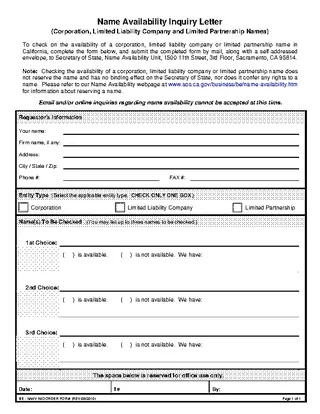 Forms California Name Availability Inquiry Letter