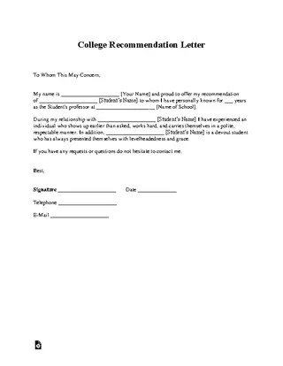 Forms College Recommendation Letter Template