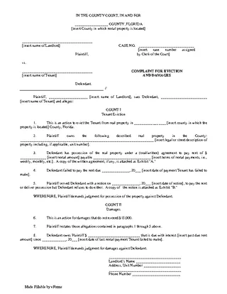 Florida Complaint For Eviction And Damages