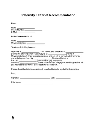 Forms Fraternity Letter Of Recommendation Template