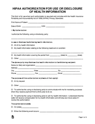 Forms Hipaa Authorization For Use Or Disclosure Of Health Information