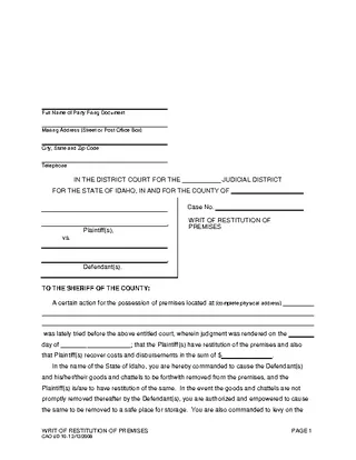 Forms Idaho Eviction Writ Of Resititution