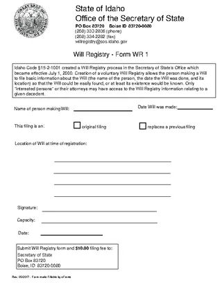 Forms Idaho Last Will And Testament Registration Form Wr 1