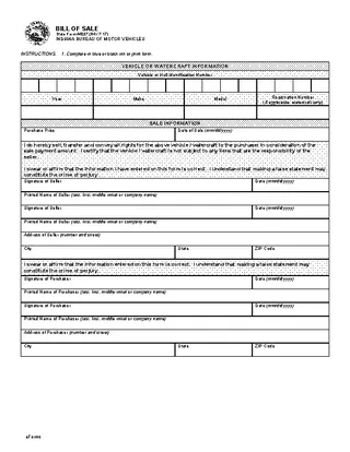 Indiana Motor Vehicle Bill Of Sale Form 44237