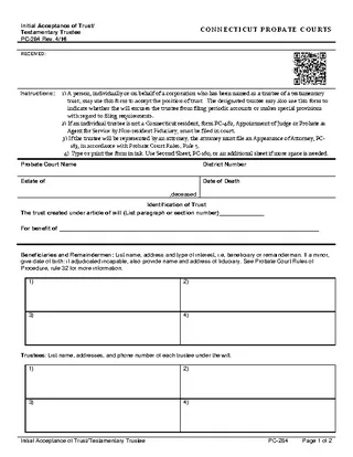 Forms Initial Acceptance Of Trust Testamentary Trustee Form Pc 284