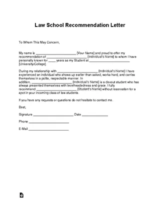 Forms Law School Recommendation Letter Template