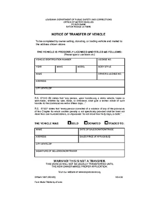 Louisiana Notice Of Vehicle Transfer Form