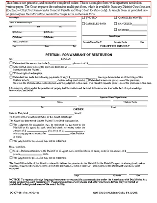 Md Petition For Warrant Of Restitution