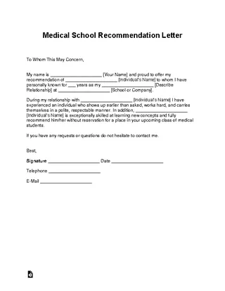 Forms Medical School Recommendation Letter Template