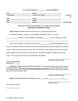 Mississippi Complaint For Eviction Non Payment Of Rent