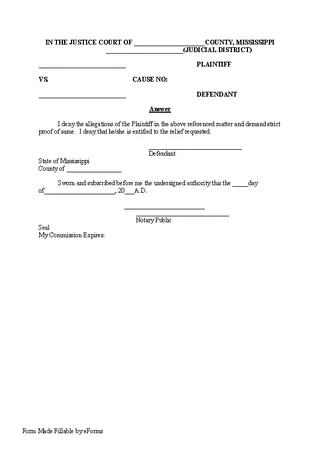 Mississippi Tenant Eviction Answer Form