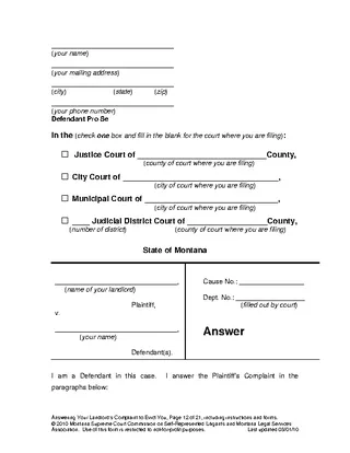 Montana Action For Possession Answer Form