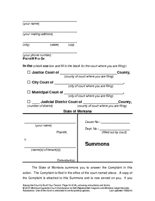 Montana Action For Possession Summons Form