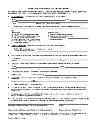 Nebraska Hipaa Authorization Form