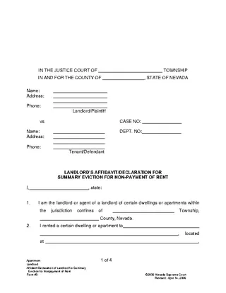 Forms Nevada Summary Eviction Complaint For The Non Payment Of Rent