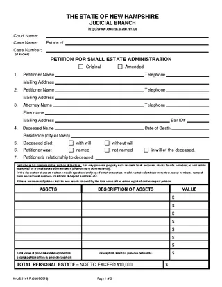 Forms New Hampshire Petition For Small Estate Administration Nhjb 2141 P