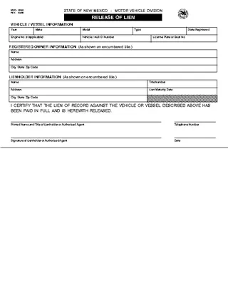 New Mexico Release Of Lien Form Mvd10041