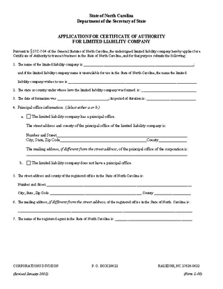 Forms North Carolina Certificate Of Authority
