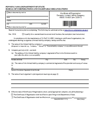 Forms Pennsylvania Certificate Of Organization