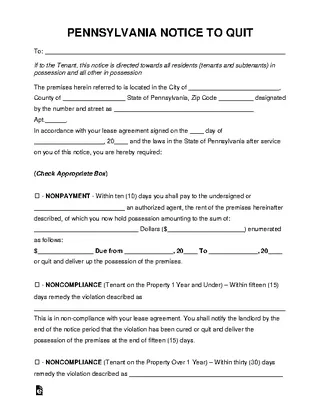 Forms Pennsylvania Eviction Notice To Quit Form